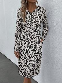EMERY ROSE Leopard Print Drawstring Hooded Dress - Multicolor - View 5