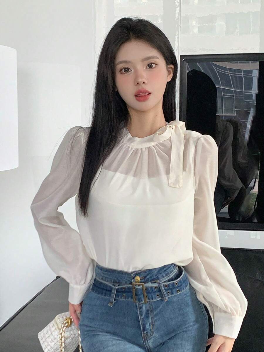 DAZY Solid Tie Neck Puff Sleeve Blouse - White - View 1