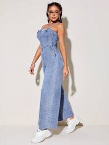 SHEIN ICON Button Front Wide Leg Cami Denim Jumpsuit - Medium Wash - View 4