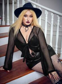 Flirla Talla grande Cárdigan crop con cordón delantero - Negro - Ver 3