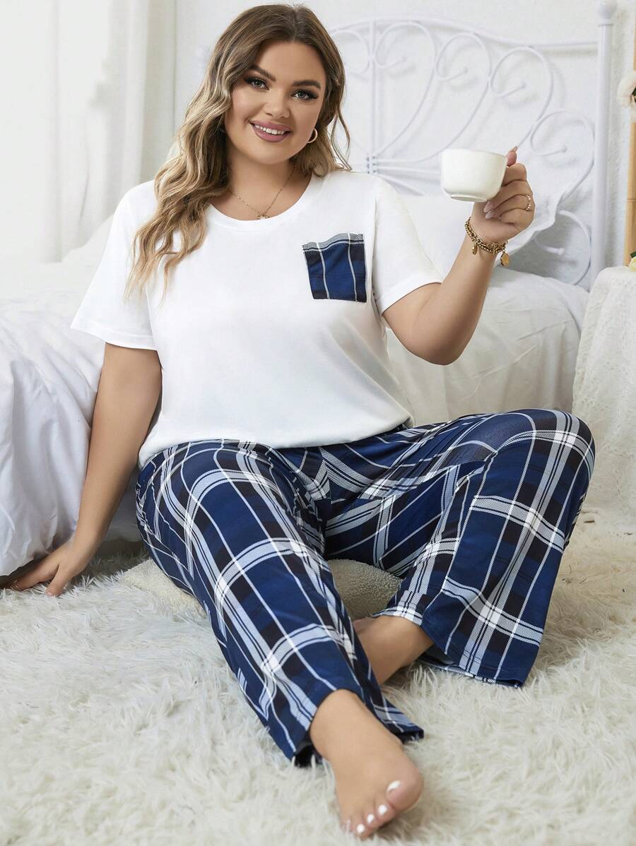 Plus Plaid Print Pocket Patched PJ Set - Multicolor - View 1