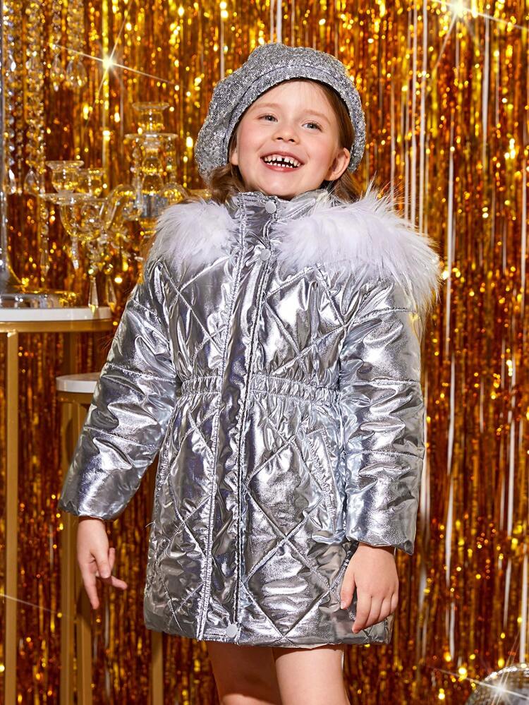 Young Girl Fuzzy Trim Hooded Padded Coat