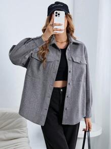 SHEIN Essnce 翻蓋口袋落肩袖花呢外套 - 灰色 - 查看 3