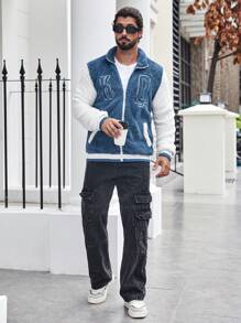 Manfinity Homme Men Plus Letter Embroidery Contrast Sleeve Zip Up Teddy Jacket - Blue - View 6