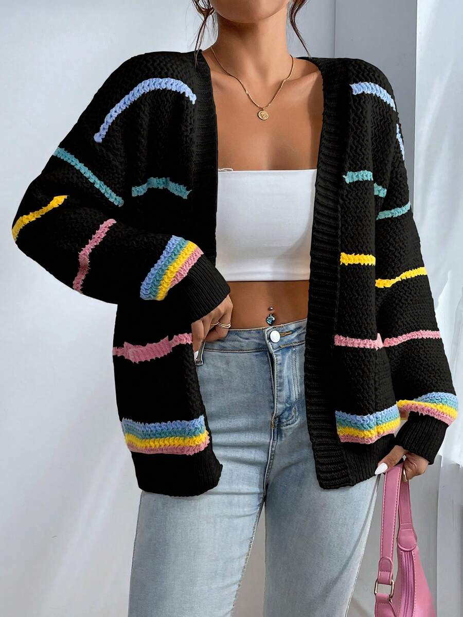 SHEIN Qutie Striped Pattern Drop Shoulder Duster Cardigan - Multicolor - View 1