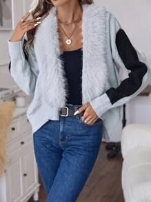 SHEIN LUNE Hai âm Trang trí Fuzzy Thả vai Áo len Mở - Xám - Xem 6