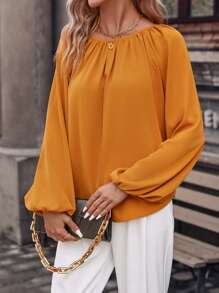 SHEIN Clasi Solid Lantern Sleeve Belted Blouse - Yellow - View 4