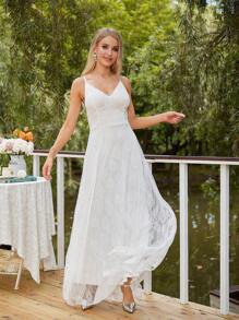 Solid Lace Cami Wedding Dress - White - View 1