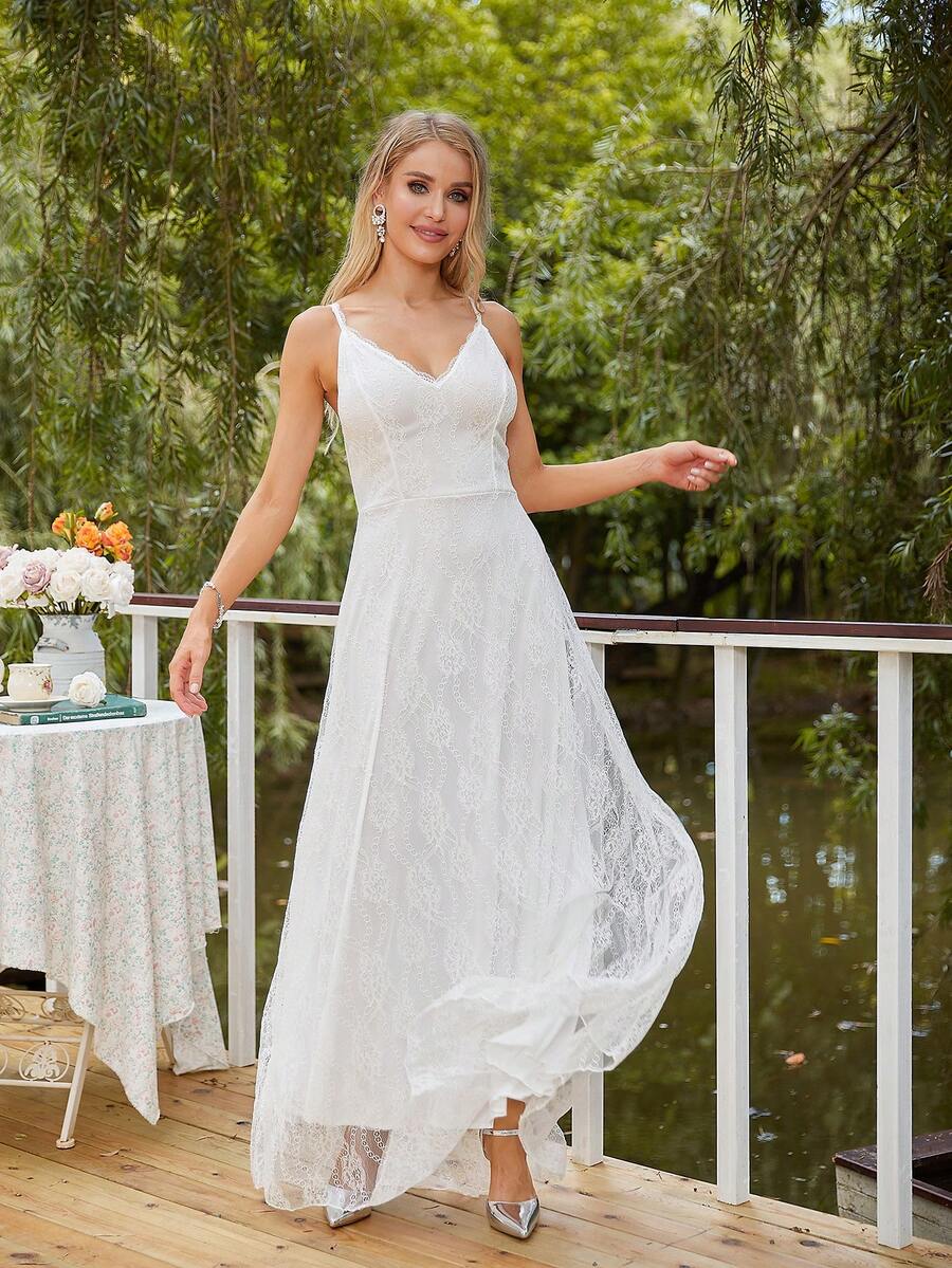 Solid Lace Cami Wedding Dress - White - View 1