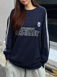 DAZY Camiseta Con Mangas Raglán Y Cinta De Contraste Con Gráficos De Letras - Azul Marino - Ver 1