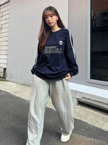 DAZY Camiseta Con Mangas Raglán Y Cinta De Contraste Con Gráficos De Letras - Azul Marino - Ver 4