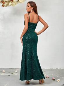 SHEIN Belle 美人鱼下摆亮片礼服优雅舞会晚会婚礼宾客礼服，适合毕业典礼、晚宴 - 綠色 - 查看 2