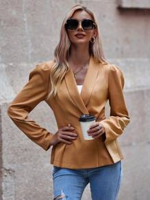 SHEIN Clasi Shawl Collar Puff Sleeve Fold Pleated Detail Double Button Blazer - Khaki - View 6