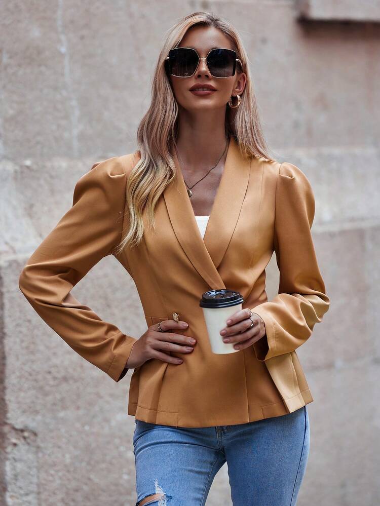 Shawl Collar Puff Sleeve Fold Pleated Detail Double Button Blazer