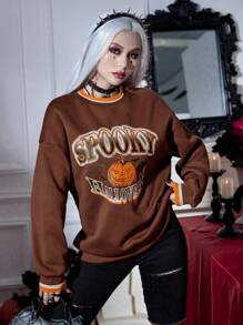 PUNK Áo nỉ tay trễ vai, họa tiết bí ngô và chữ cái chủ đề Halloween, viền sọc, thích hợp mặc mùa thu. - Cà phê nâu - Xem 4