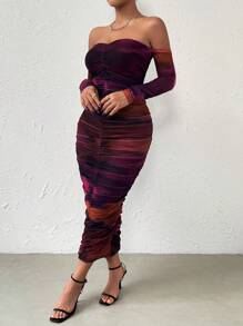 Zolique Off Shoulder Ruched Mesh Bodycon Dress - Multicolor - View 3
