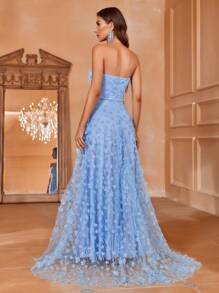 Strapless Sweetheart Neckline Evening Gown With High Slit & Floral Lace A-Line Skirt - Floor-Length Formal Dress For Gala Dinners, Red Carpet Events, Black-Tie Weddings, Opera Nights, And Luxury Charity Galas,Party Dress,Wedding Guest - Baby Blue - View 3