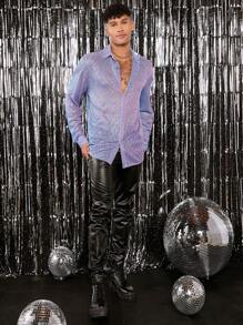 FeverCity Men Solid Glitter Button Front Shirt - Purple - View 7