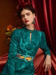 Frida Kahlo X SHEIN 印花鎖眼領洋裝不附腰帶 - 綠色 - 查看 6