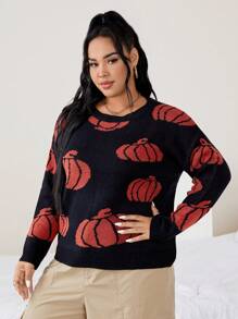 Celure 万圣节南瓜图案落肩针织套头衫，适合秋冬季穿着 - 橘色 - 查看 6
