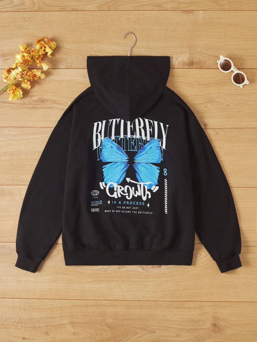 RueChic Teen Girl Slogan & Butterfly Print Hoodie - Black - View 1