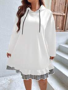 大碼格紋荷葉邊下擺抽繩連帽衛衣洋裝 - 白色 - 查看 3