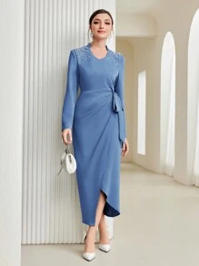 Modelyn Pearls Beaded Knot Side Wrap Hem Dress - Dusty Blue - View 1