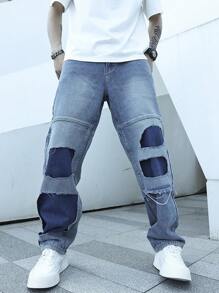Manfinity EMRG Men Contrast Panel Ripped Straight Leg Jeans