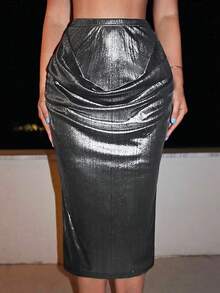 SHEIN SXY 金屬質感鉛筆裙 - 銀色 - 查看 3