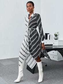 BizChic 條紋印花不對稱下擺腰帶襯衫洋裝