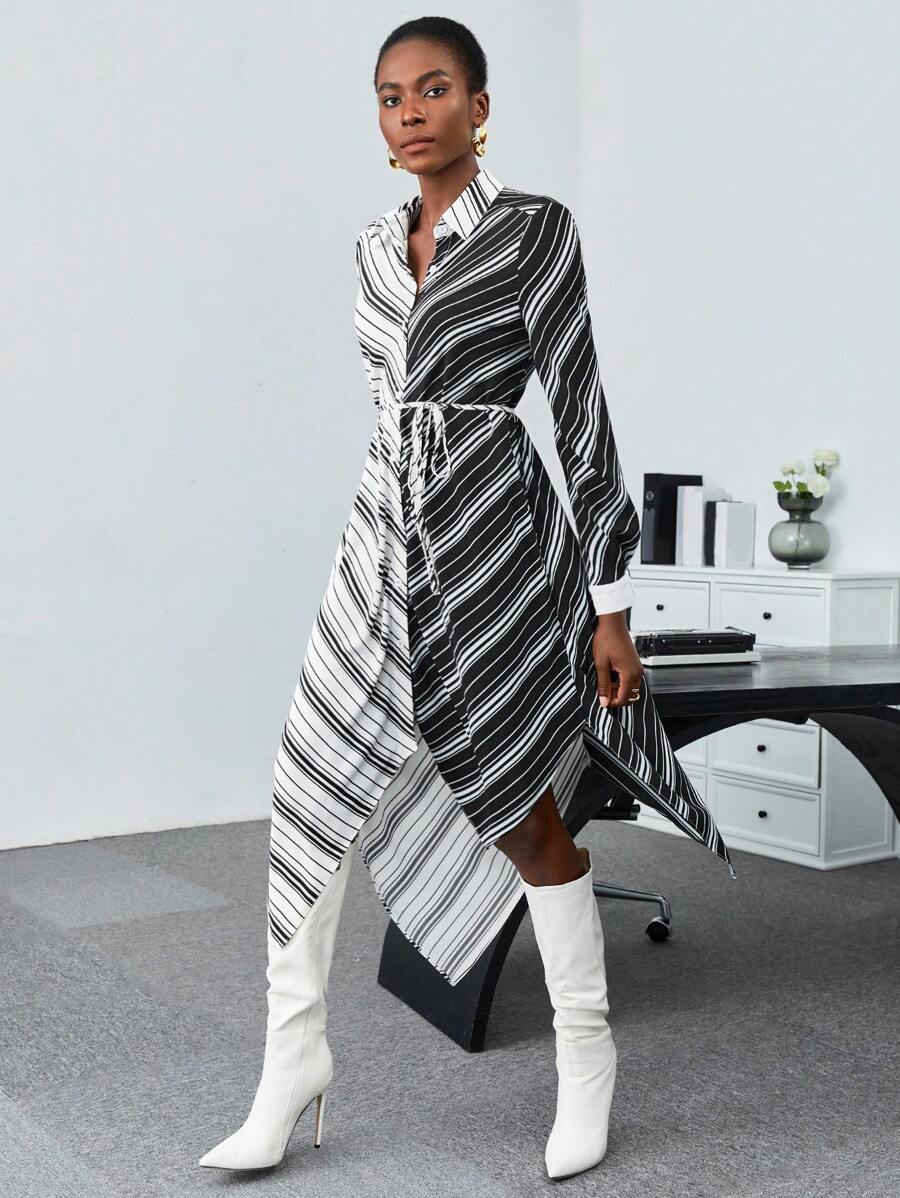 BizChic 條紋印花不對稱下擺腰帶襯衫洋裝