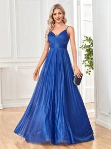 女士优雅高腰褶皱V领无袖金属银色针织长裙，宽松A字廓形，适合鸡尾酒会、婚礼、周年纪念、正式庆典、新娘送礼会、生日派对，以及作为新娘母亲的奢华高贵礼服（重工装饰） - 寶藍色 - 查看 2