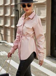 GENKIRA Flap Pocket Drop Shoulder Belted Coat Fall Cloth For Women - Pink - View 6