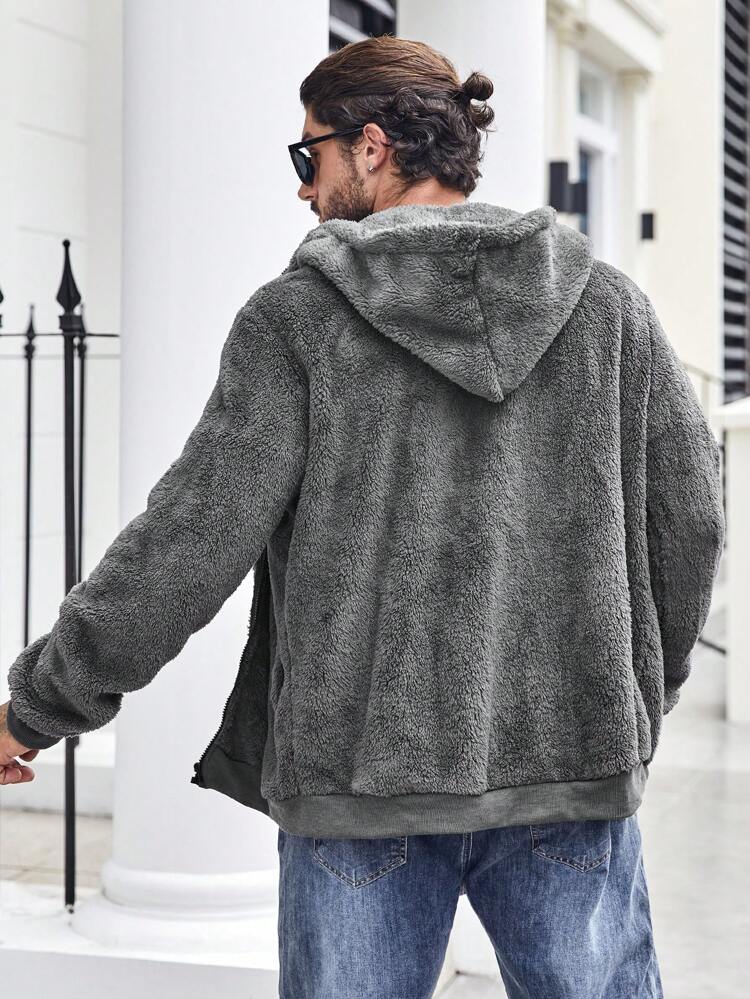 Men Plus Letter Embroidery Hooded Teddy Jacket