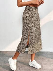 SHEIN PETITE 碎花高衩半身裙 - 卡其色 - 查看 1