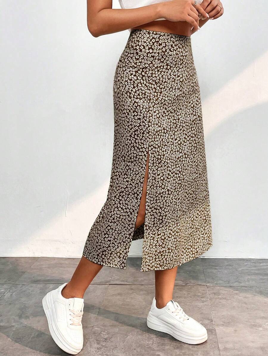 SHEIN PETITE 碎花高衩半身裙 - 卡其色 - 查看 1