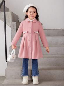 SHEIN Young Girl 1pc Bow Front Fold Pleated Overcoat - Pink - View 1
