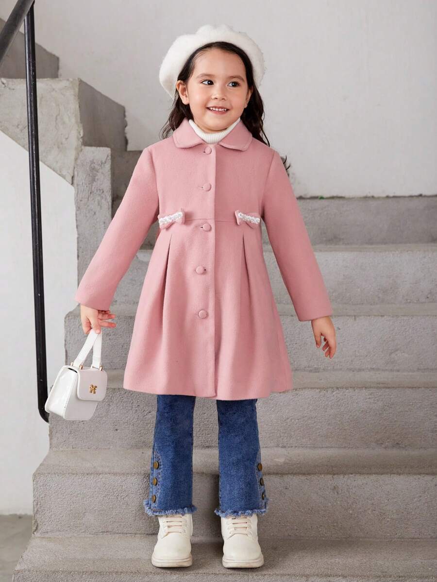 SHEIN Young Girl 1pc Bow Front Fold Pleated Overcoat - Pink - View 1
