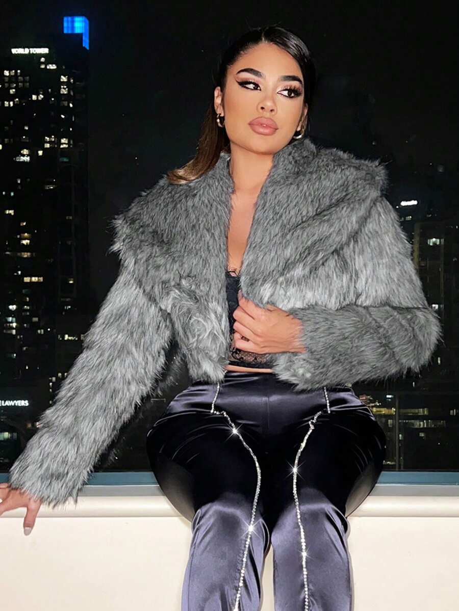 SHEIN SXY 大翻領開門襟短款毛茸茸外套 - 灰色 - 查看 1