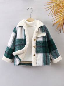 SHEIN Young Boy 1pc Plaid Print Flap Pocket Thermal Lined Overcoat - Multicolor - View 1