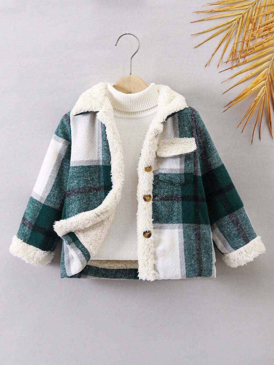 SHEIN Young Boy 1pc Plaid Print Flap Pocket Thermal Lined Overcoat - Multicolor - View 1