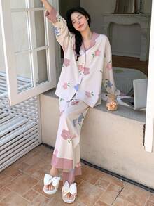 DAZY Floral Print Contrast Trim Drop Shoulder PJ Set - Dusty Pink - View 4