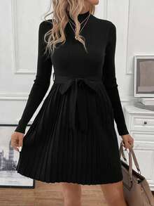 SHEIN Clasi Mock Neck Pleated Hem Belted Sweater Dress - Black - View 6
