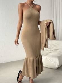 RosyDaze Ruffle Hem Sweater Dress & Lantern Sleeve Bolero Fall Winter Cloth For Women - Mocha Brown - View 6