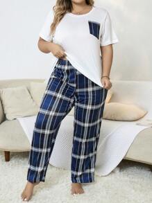 Plus Plaid Print Pocket Patched PJ Set - Multicolor - View 6