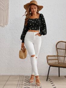 SHEIN VCAY Floral Print Square Neck Lantern Sleeve Crop Blouse - White - View 5