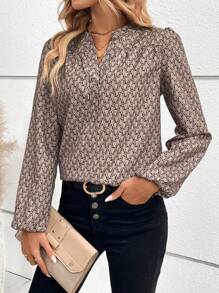 EMERY ROSE Allover Print Notched Neckline Lantern Sleeve Blouse - Coffee Brown - View 6