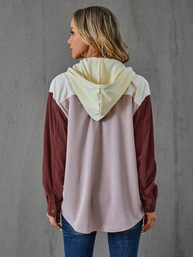 Colorblock Flap Pocket Drop Shoulder Drawstring Hooded Coat