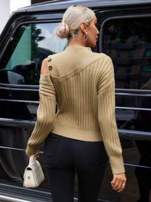 SHEIN Privé Cổ giả Cắt ra Chi tiết Nút Áo len - Màu Khaki - Xem 2