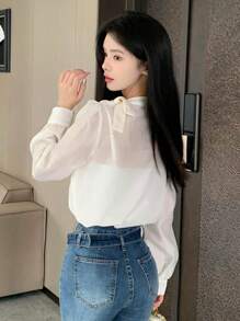DAZY Solid Tie Neck Puff Sleeve Blouse - White - View 5